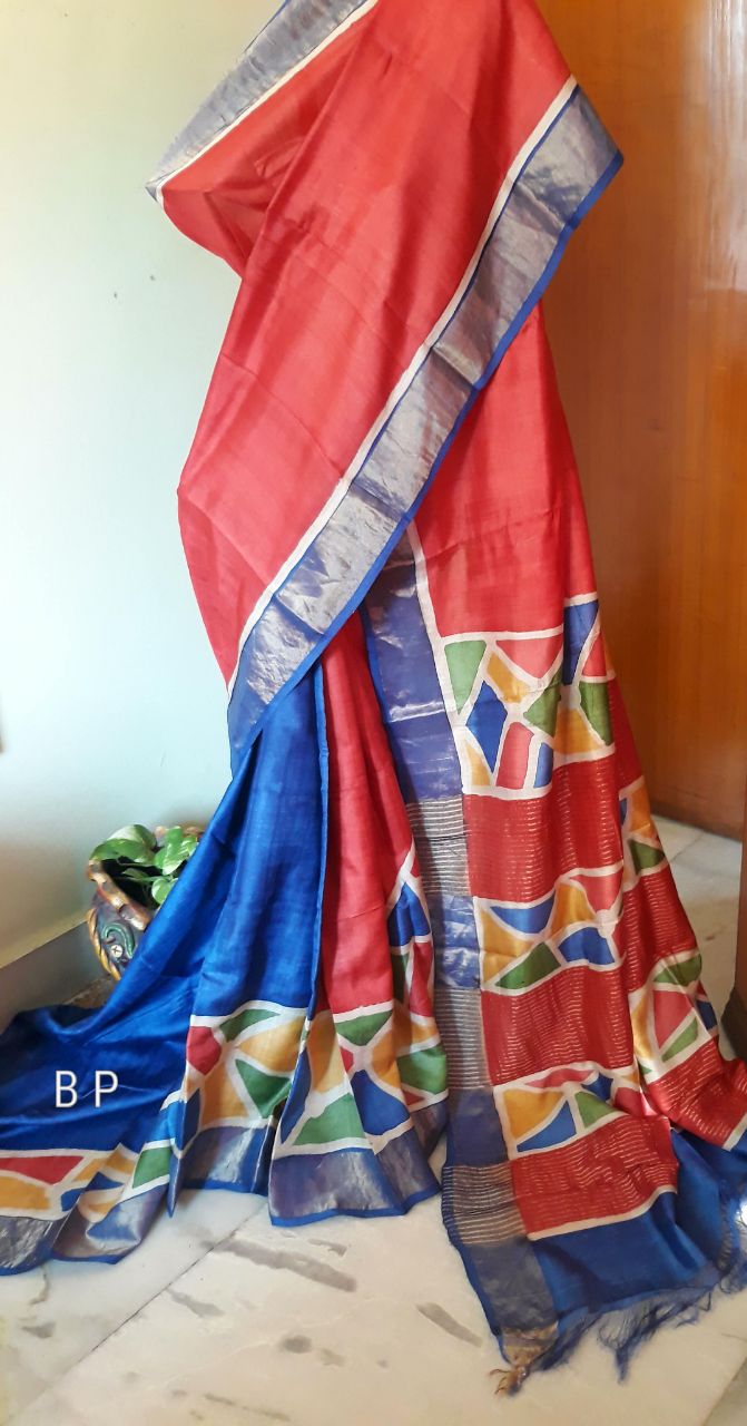 Red Blue Zari KK Block Printed Zari Border Pure Silk Mark Certified Tussar Silk Sarees - Dailybuyys