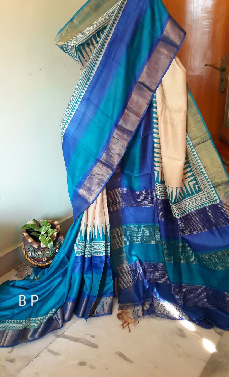 Blue Block Printed Zari Border Pure Silk Mark Certified Tussar Silk Sarees - Dailybuyys