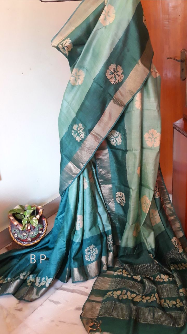 Green Zari KK Block Printed Zari Border Pure Silk Mark Certified Tussar Silk Sarees - Dailybuyys
