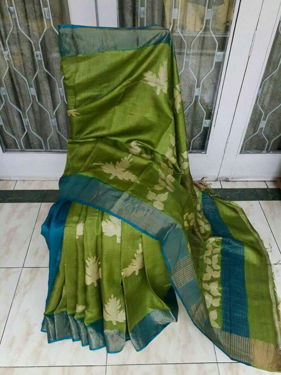 Green Zari KK Block Printed Zari Border Pure Silk Mark Certified Tussar Silk Sarees - Dailybuyys