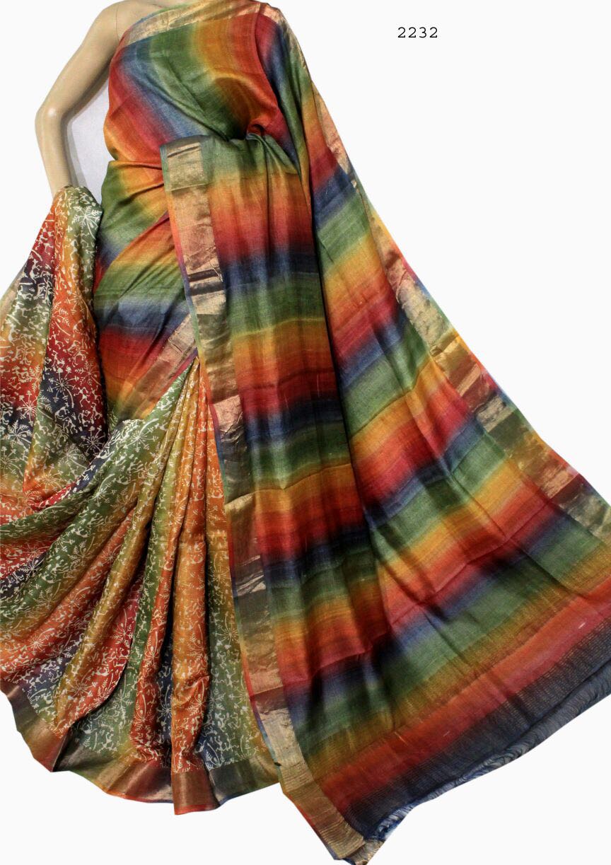 Beige Blue Block Printed Zari Border Pure Silk Mark Certified Tussar Silk Sarees - Dailybuyys