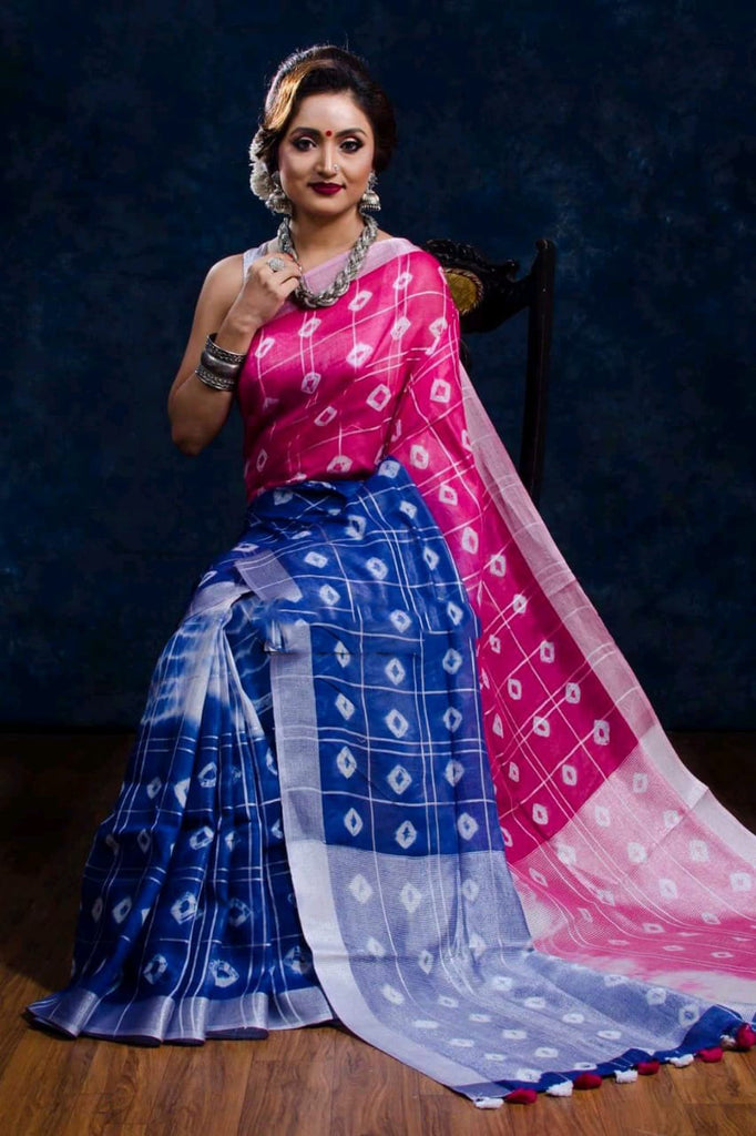 Blue Pink 80 Count Bhagalpur KK Pure Linen Sarees