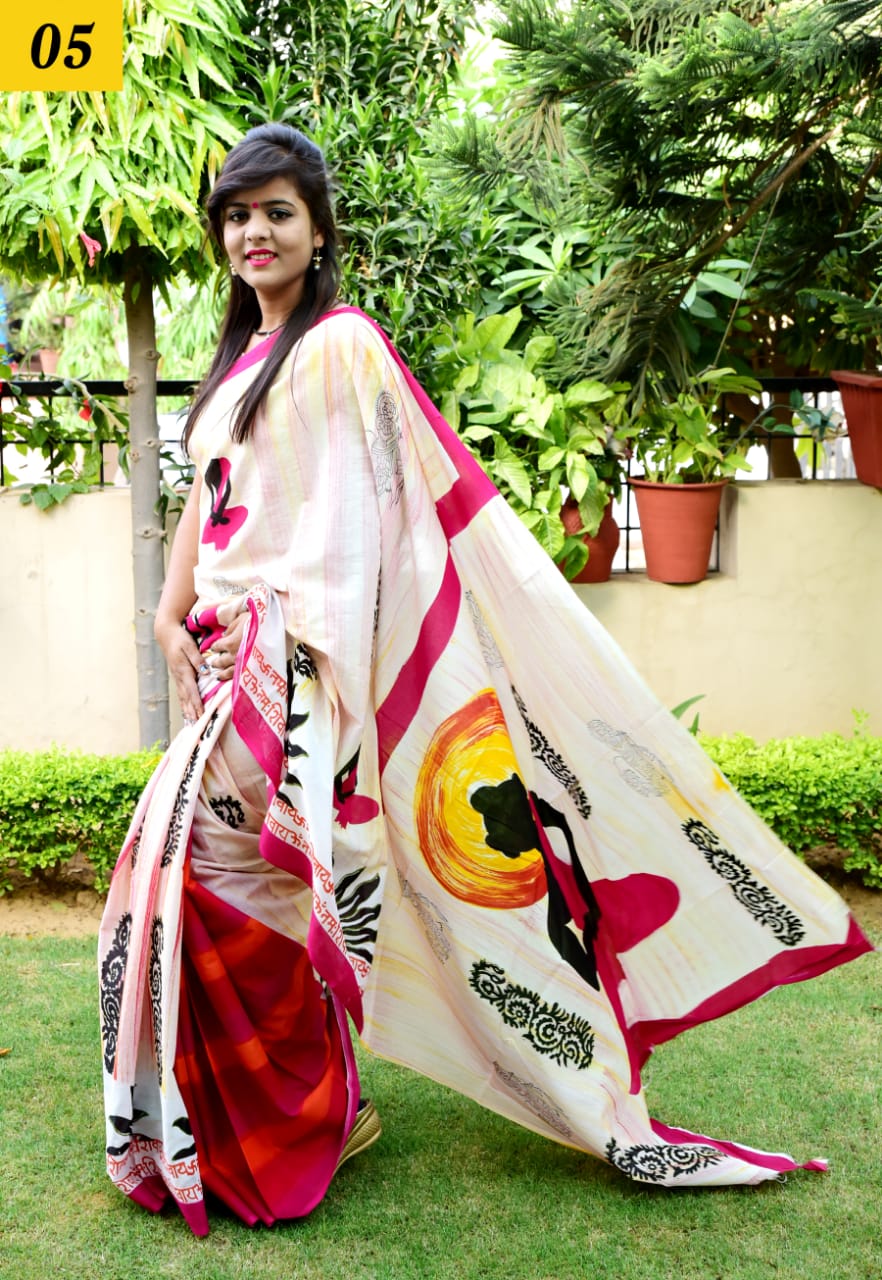 Red & White Mulmul Batik Sarees - Dailybuyys