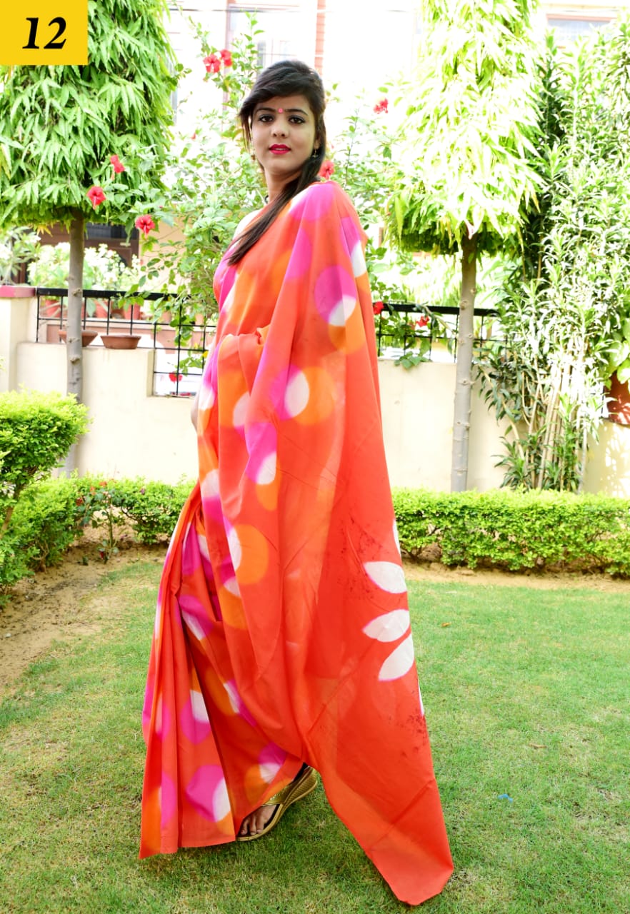 Orange Mulmul Batik Sarees - Dailybuyys