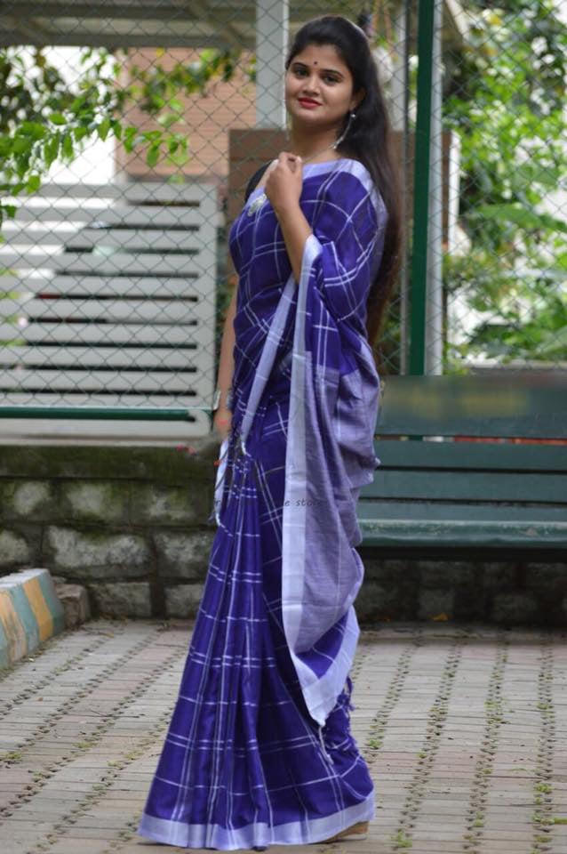 Blue Pure Linen Sarees - Dailybuyys