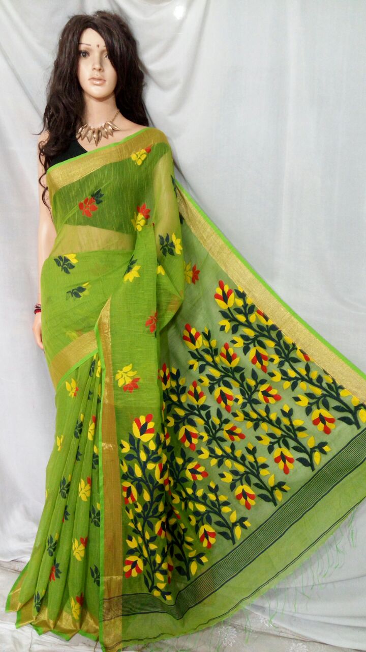 Green Shreya Khadi Jamdani Sarees - Dailybuyys