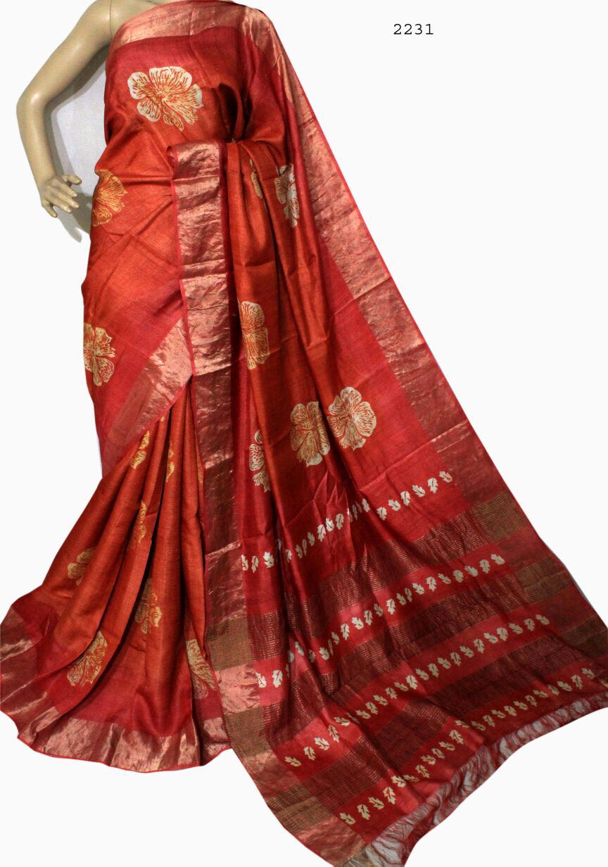 Red Zari Block Printed Zari Border Pure Silk Mark Certified Tussar Silk Sarees - Dailybuyys