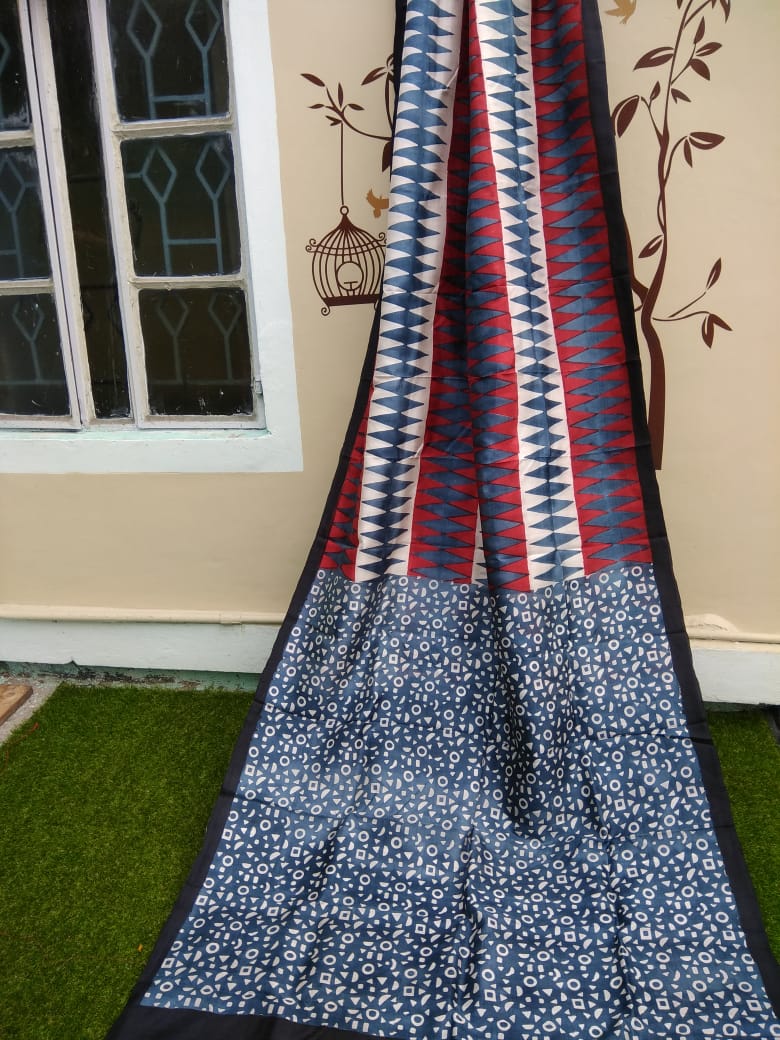 Red Grey Glamour Block Printed Zari Border Pure Silk Mark Certified Tussar Silk Sarees - Dailybuyys