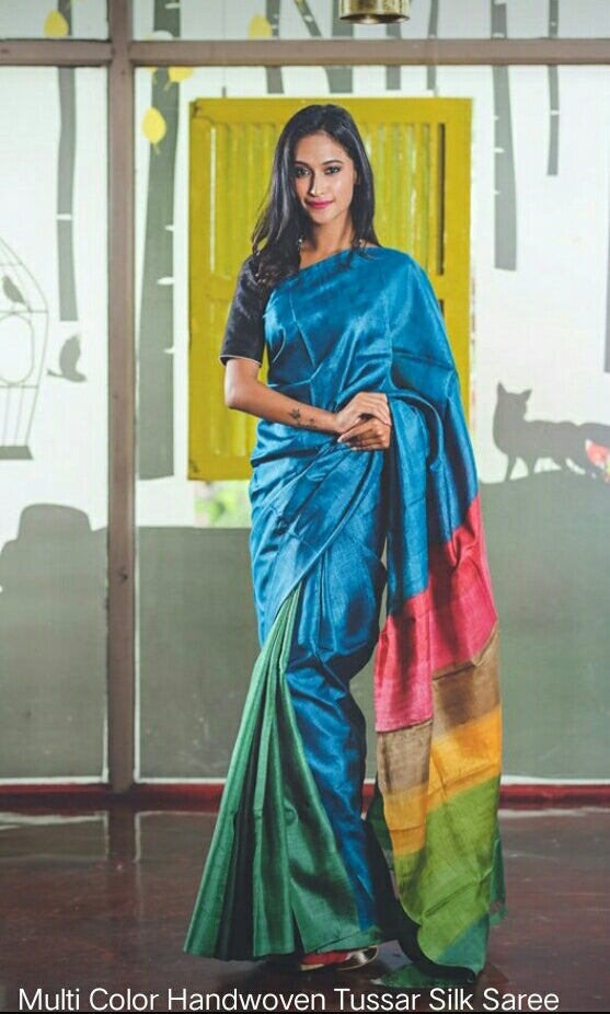 Blue Green Block Printed Zari Border Pure Silk Mark Certified Tussar Silk Sarees - Dailybuyys