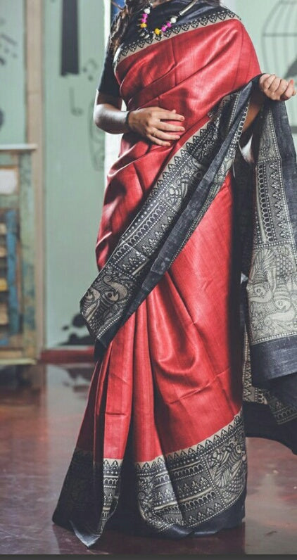 Red Black Glamour Block Printed Zari Border Pure Silk Mark Certified Tussar Silk Sarees - Dailybuyys