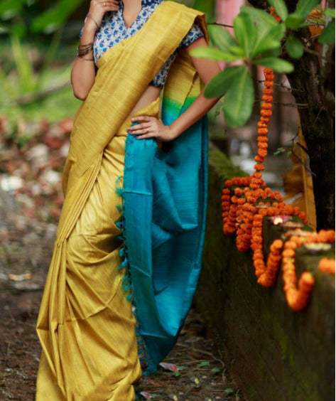 Yellow Blue Pure Silk Mark Certified Tussar Silk Sarees - Dailybuyys