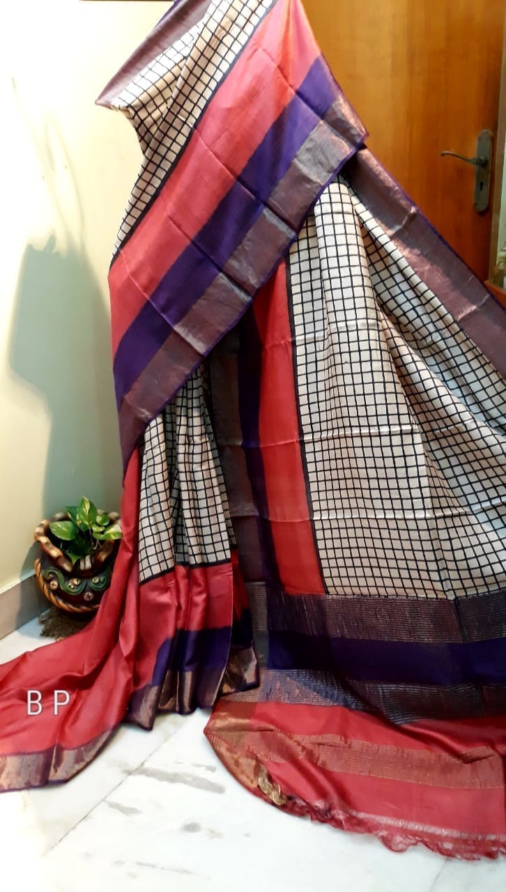 Beige Pink Block Printed Zari Border Pure Silk Mark Certified Tussar Silk Sarees - Dailybuyys