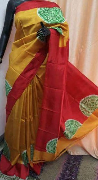 Yellow Red Pure KK Block Printed Silk Mark Certified Bishnupuri Silk Sarees - Dailybuyys