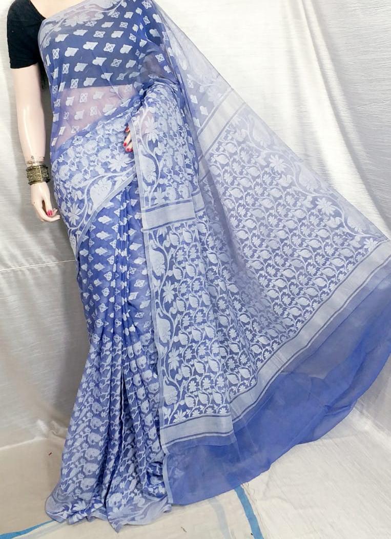 Blue White Dhakai Jamdani Sarees - Dailybuyys