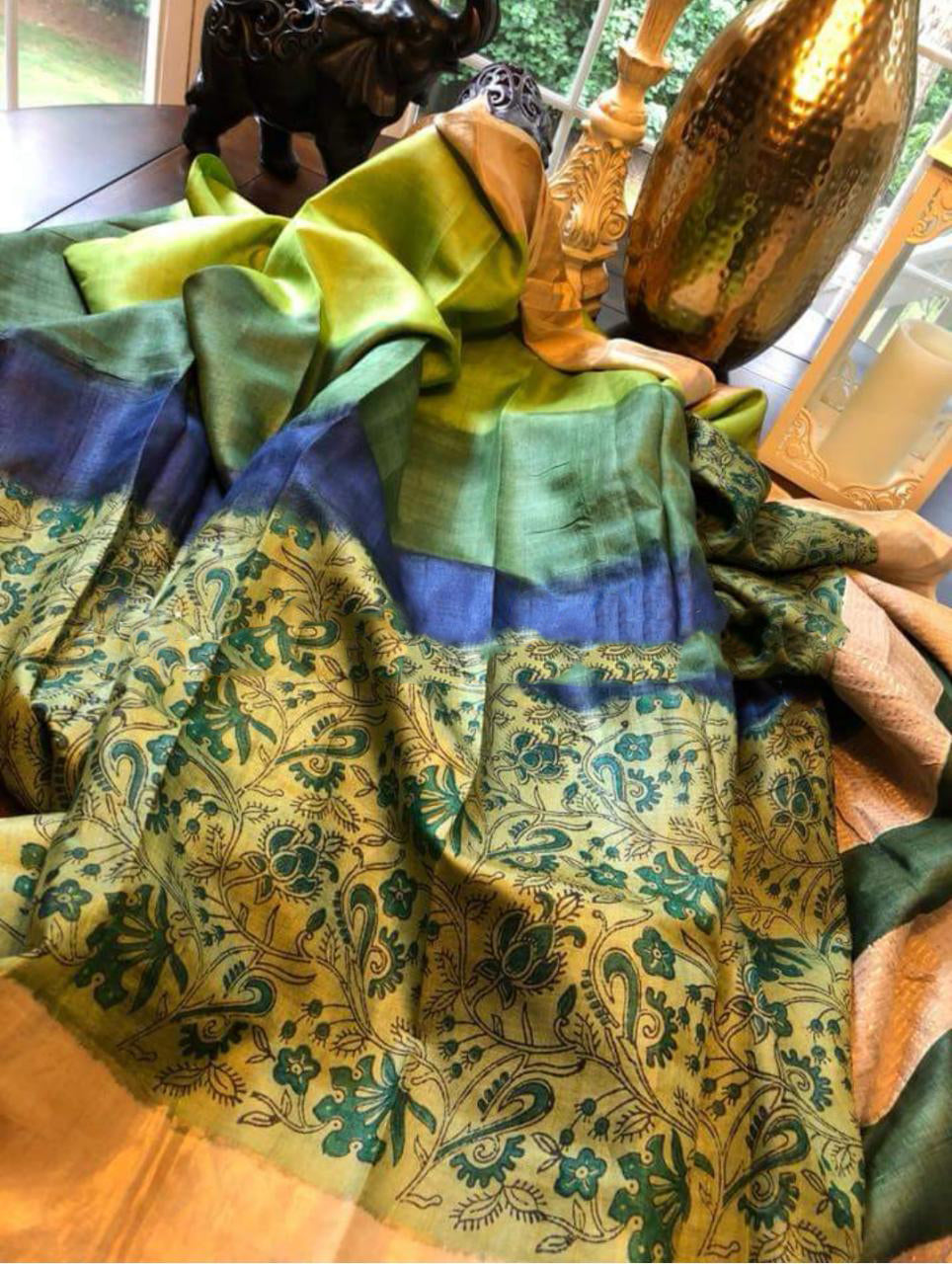 Yellow Green Zari Glamour Hand Painted Zari Border Pure Silk Mark Certified Tussar Silk Sarees - Dailybuyys