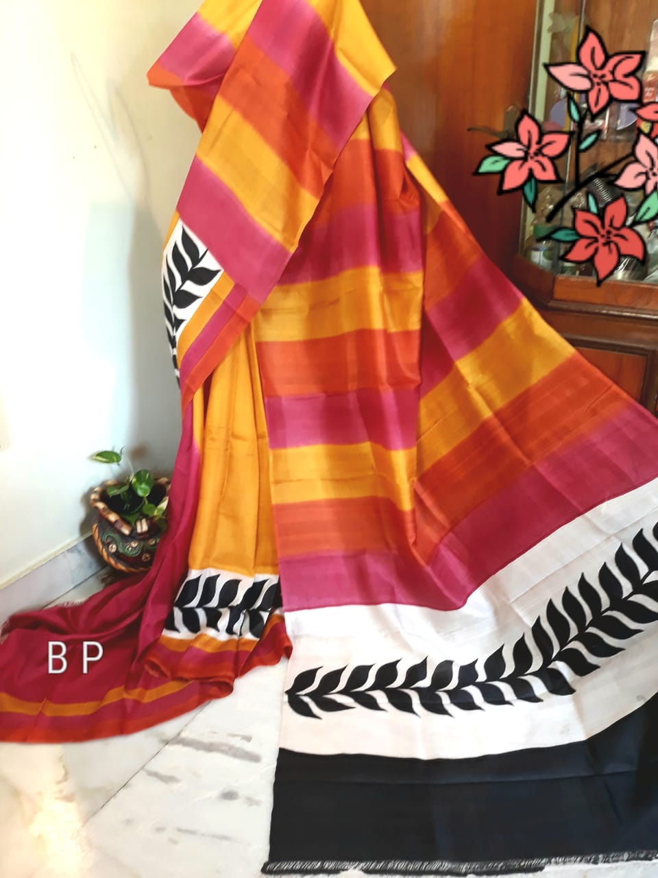 Yellow Orange Pure KK Block Printed Silk Mark Certified Bishnupuri Silk Sarees - Dailybuyys