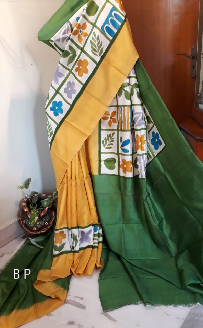 Yellow Pure KK Hand Painted Silk Mark Certified Bishnupuri Silk Sarees - Dailybuyys