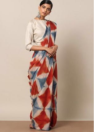 Red Blue Mulmul Batik Sarees - Dailybuyys