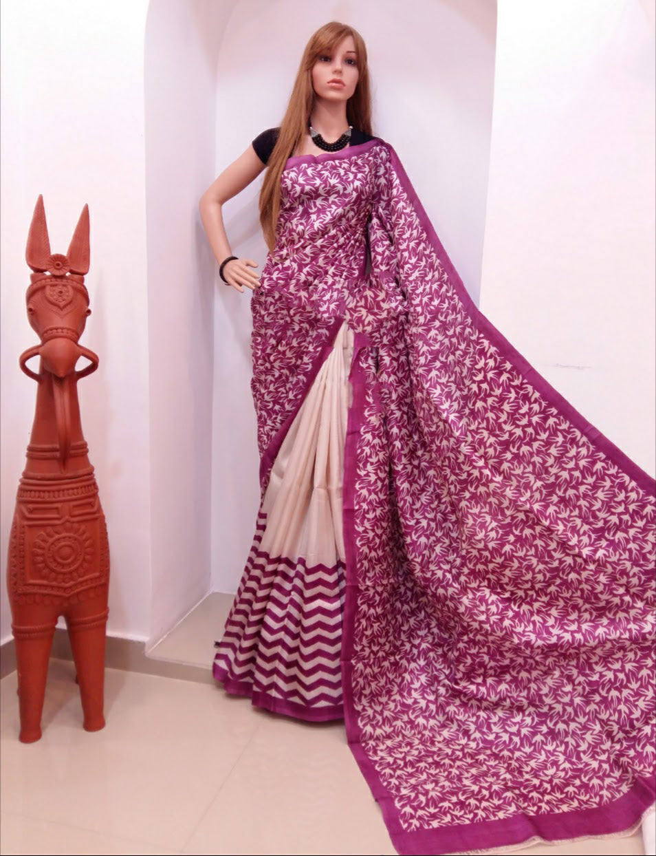 Purple Block Printed Pure KK Silk Mark Certified Bishnupuri Silk Sarees - Dailybuyys