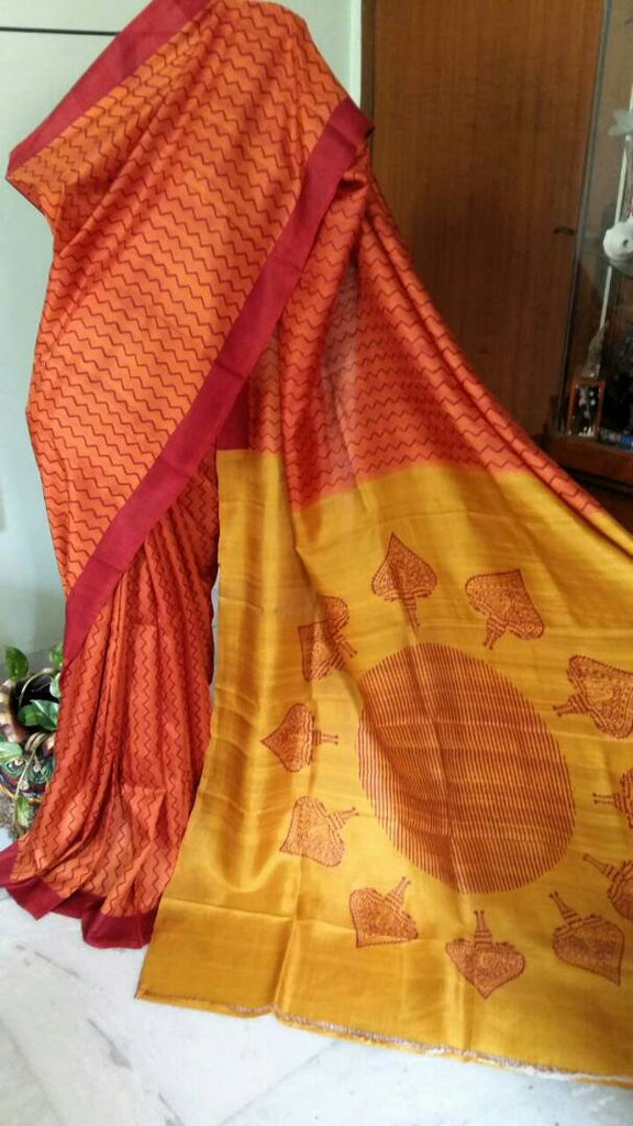 Orange Yellow Block Printed Pure KK Silk Mark Certified Bishnupuri Silk Sarees