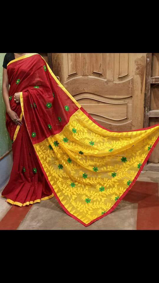Red Yellow Dhakai Jamdani Sarees - Dailybuyys