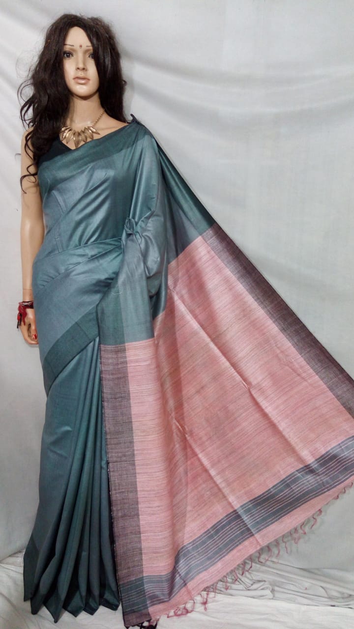 Grey Pink Pure Silk Mark Certified Tussar Ghicha Silk Sarees - Dailybuyys