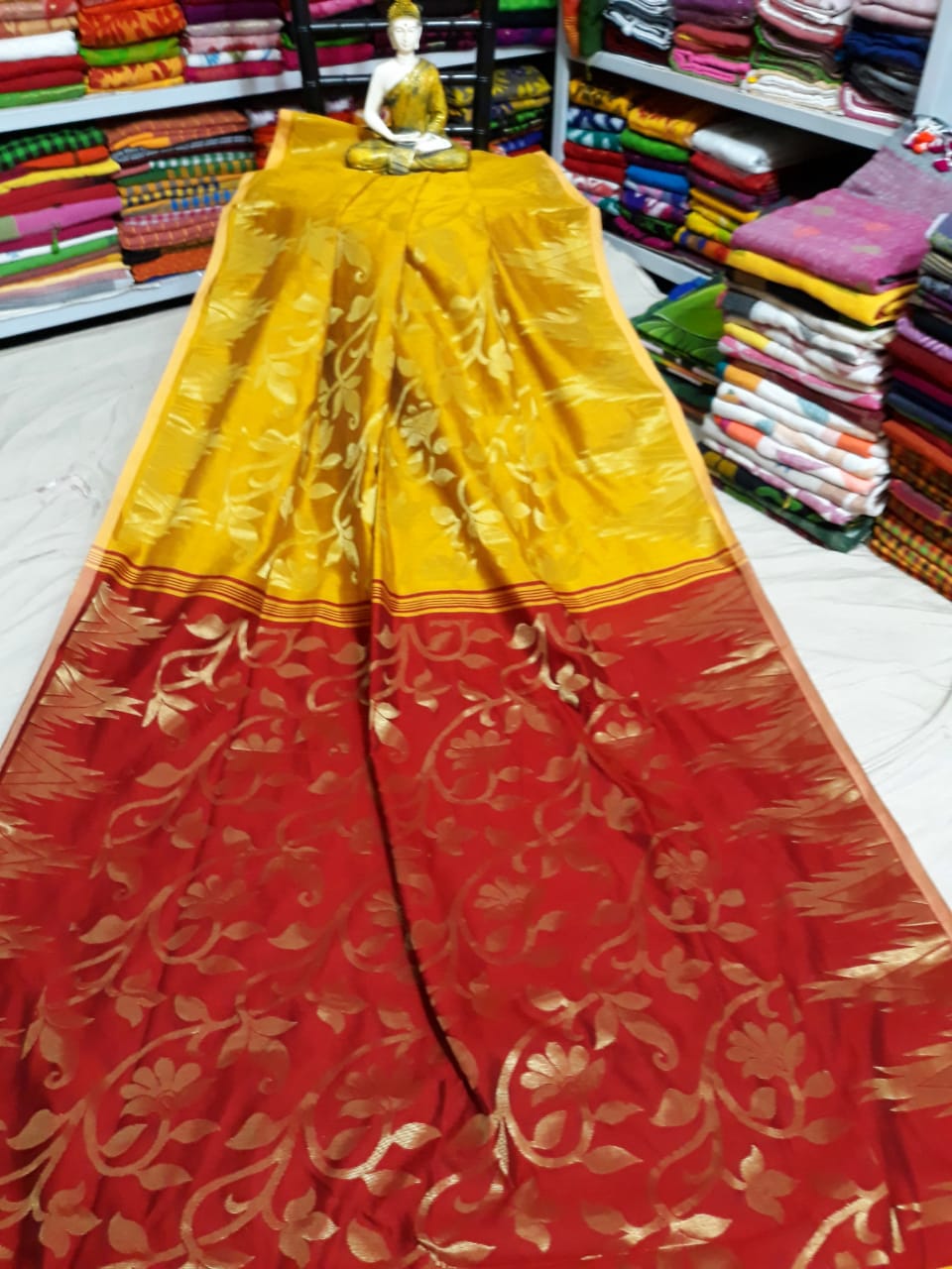Yellow Red Dhakai Jamdani Sarees - Dailybuyys