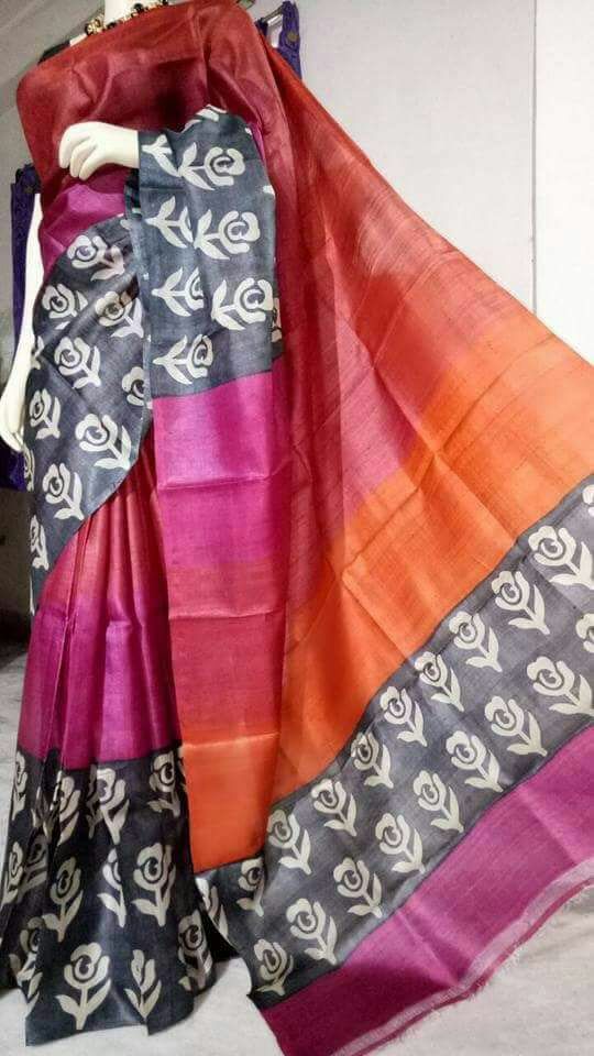 Black Purple Block Printed Pure Silk Mark Certified Tussar Silk Sarees - Dailybuyys