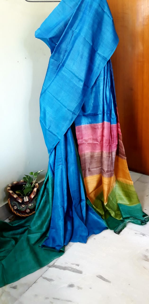 Blue Block Printed Zari Border Pure Silk Mark Certified Tussar Silk Sarees - Dailybuyys