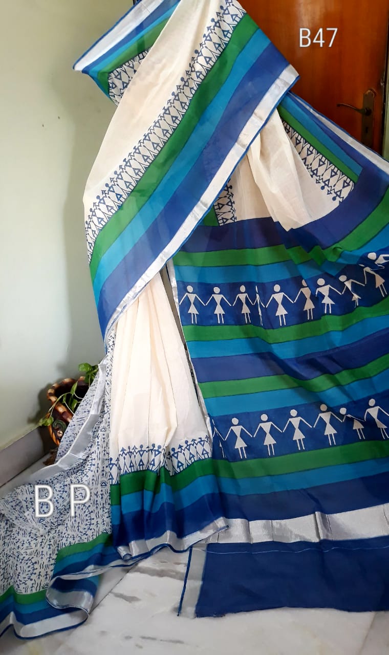 Beige Blue KK Kerala Pure Cotton Sarees - Dailybuyys