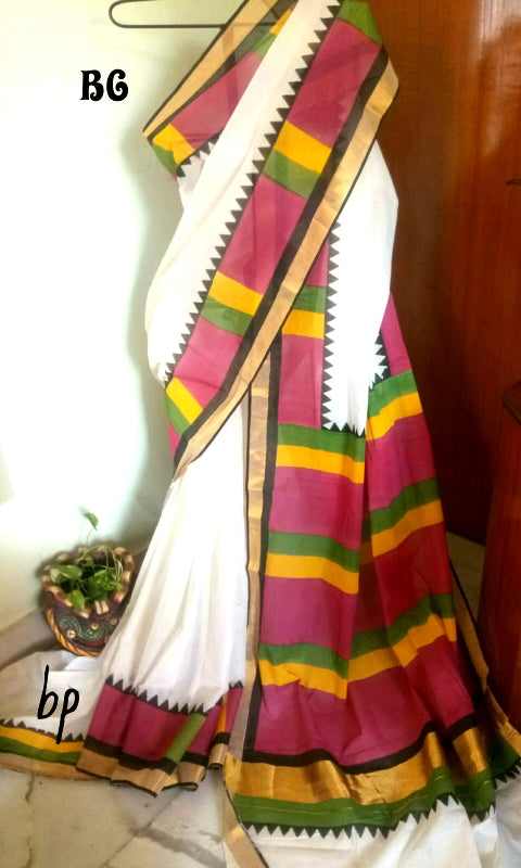 Beige Purple KK Kerala Pure Cotton Sarees - Dailybuyys