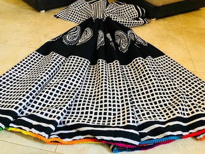 Black Bagru Printed Pure Cotton Sarees - Dailybuyys