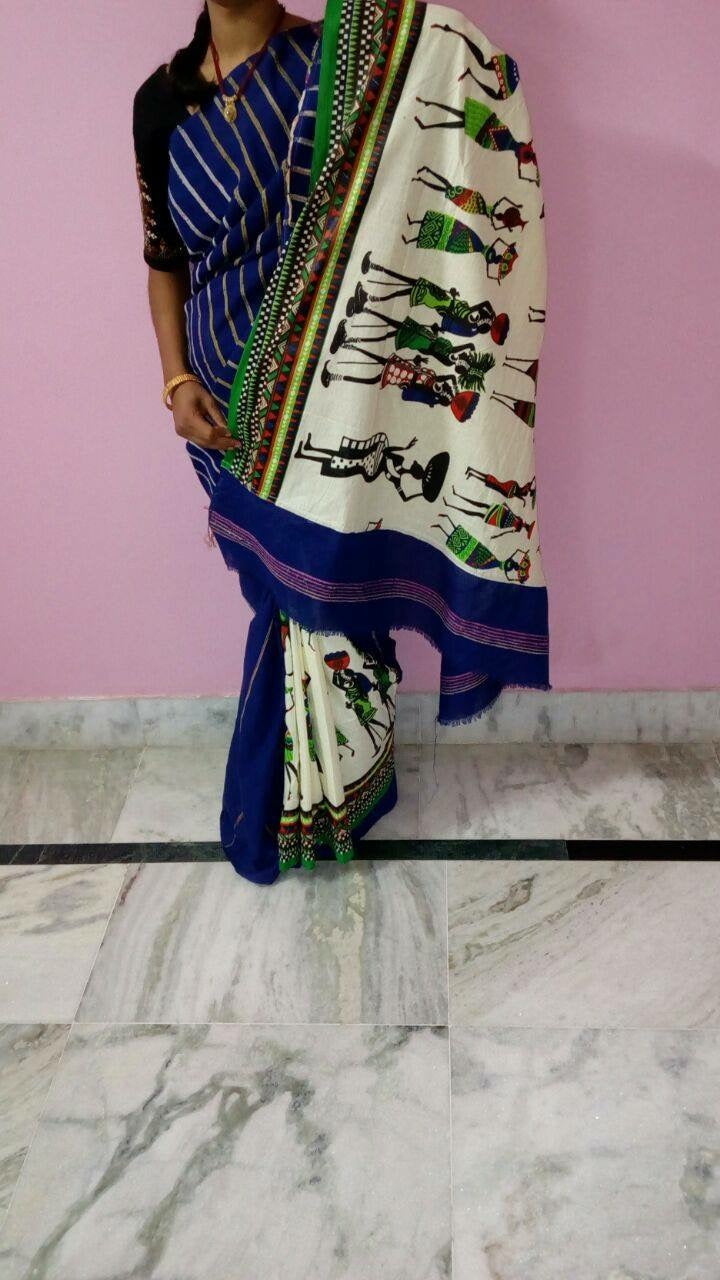 Blue Beige Pure Cotton Khesh Sarees - Dailybuyys