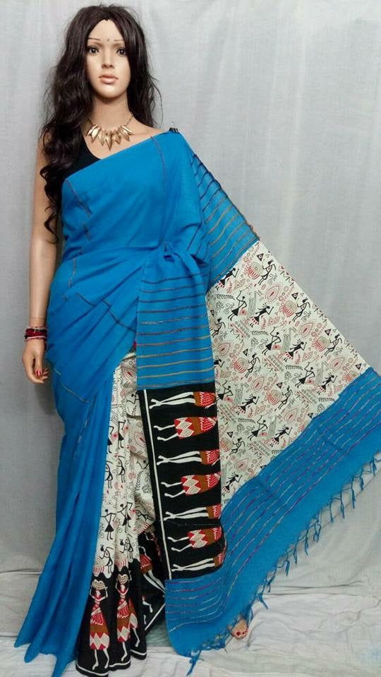 Blue Beige Pure Cotton Khesh Sarees - Dailybuyys