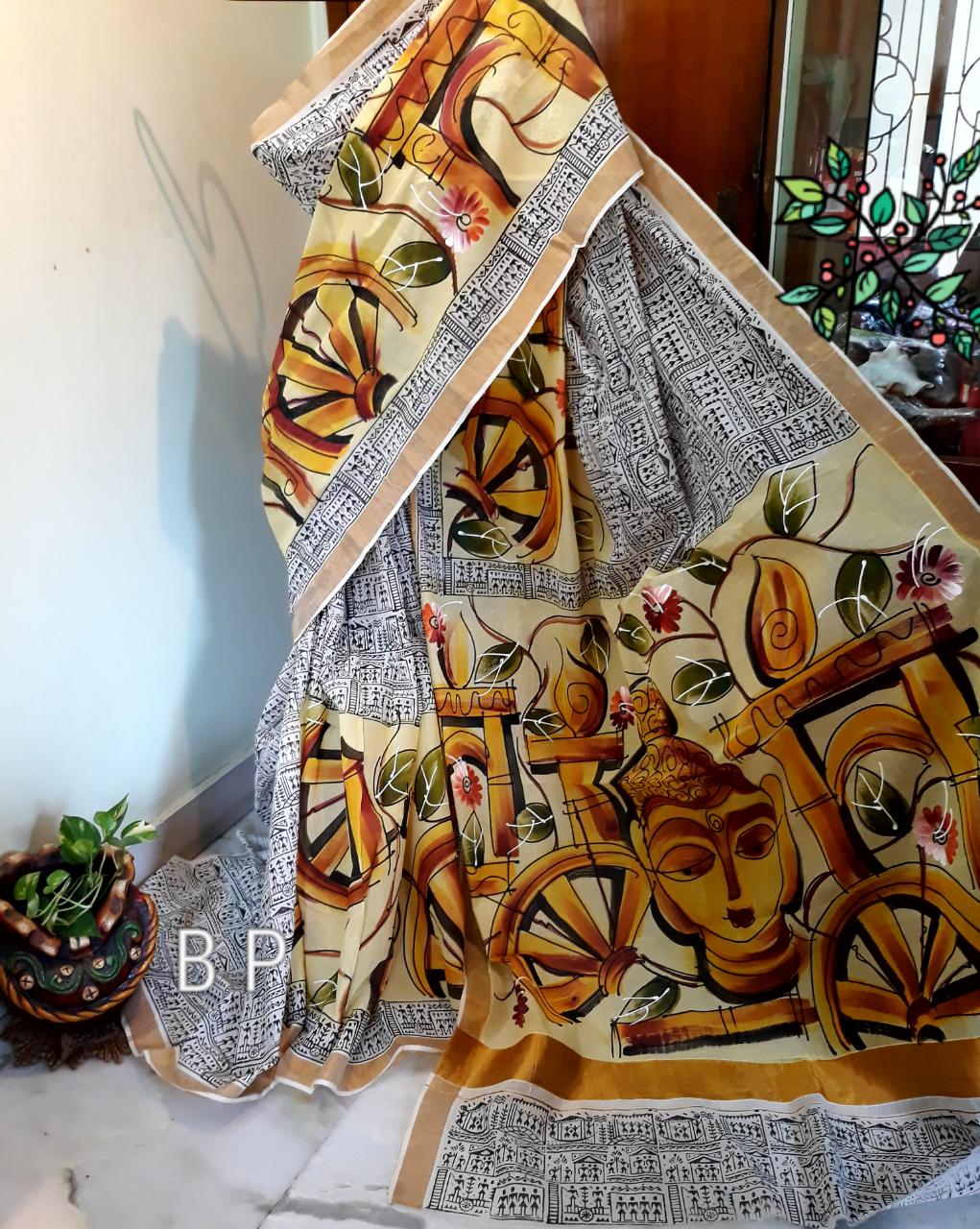 Beige Yellow KK Kerala Pure Cotton Sarees - Dailybuyys