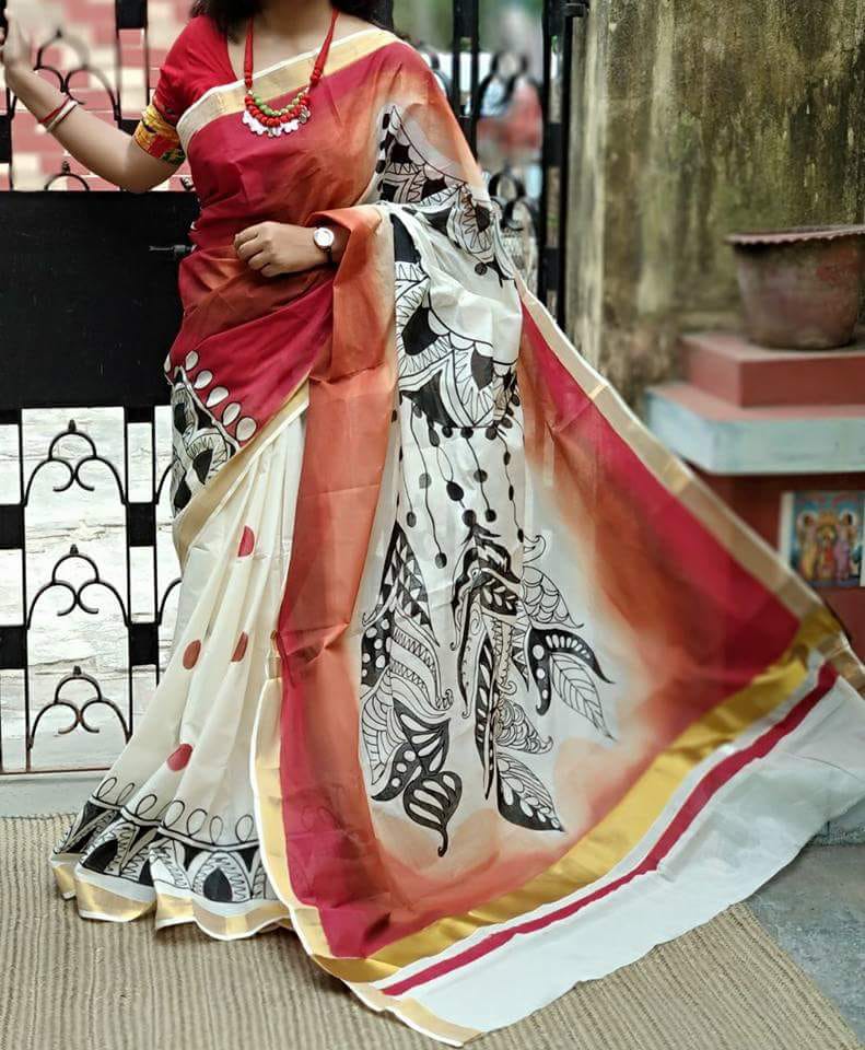 Beige Red Kerala Pure Cotton Sarees - Dailybuyys