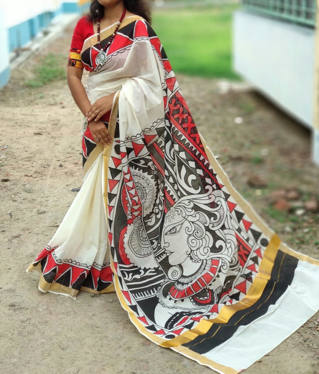 Beige Red Kerala Pure Cotton Sarees - Dailybuyys