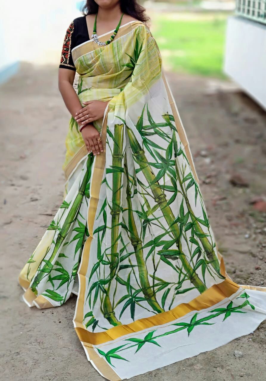 Beige Green Kerala Pure Cotton Sarees - Dailybuyys