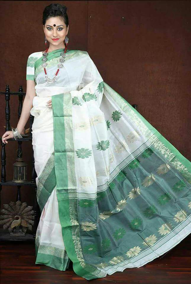 Green Beige Block Printed Pure Silk Mark Certified Tussar Silk Sarees - Dailybuyys