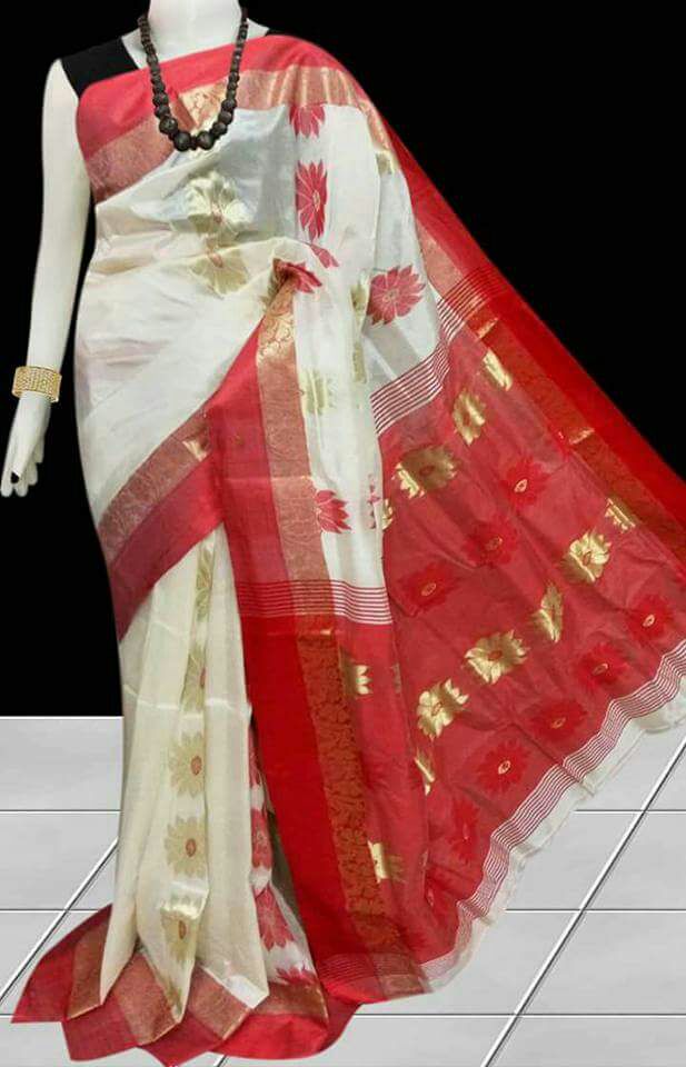 Red Beige Block Printed Pure Silk Mark Certified Tussar Silk Sarees - Dailybuyys