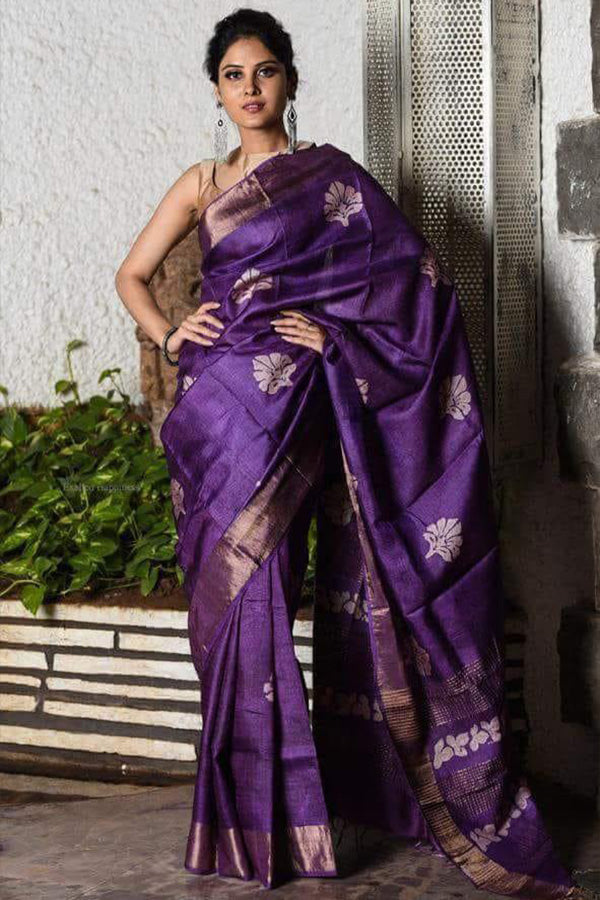 Purple Block Printed Zari Border Pure Silk Mark Certified Tussar Silk Sarees - Dailybuyys