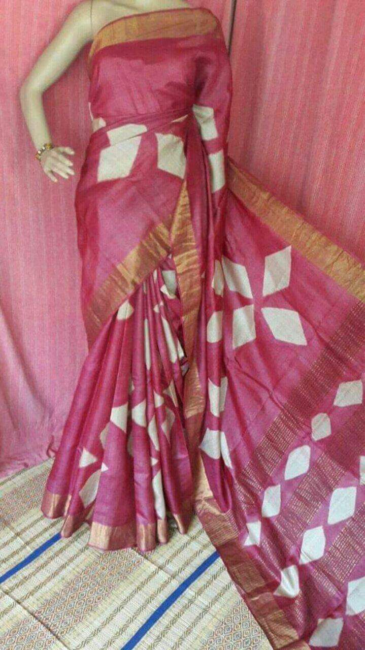 Purple Zari Block Printed Zari Border Pure Silk Mark Certified Tussar Silk Sarees - Dailybuyys