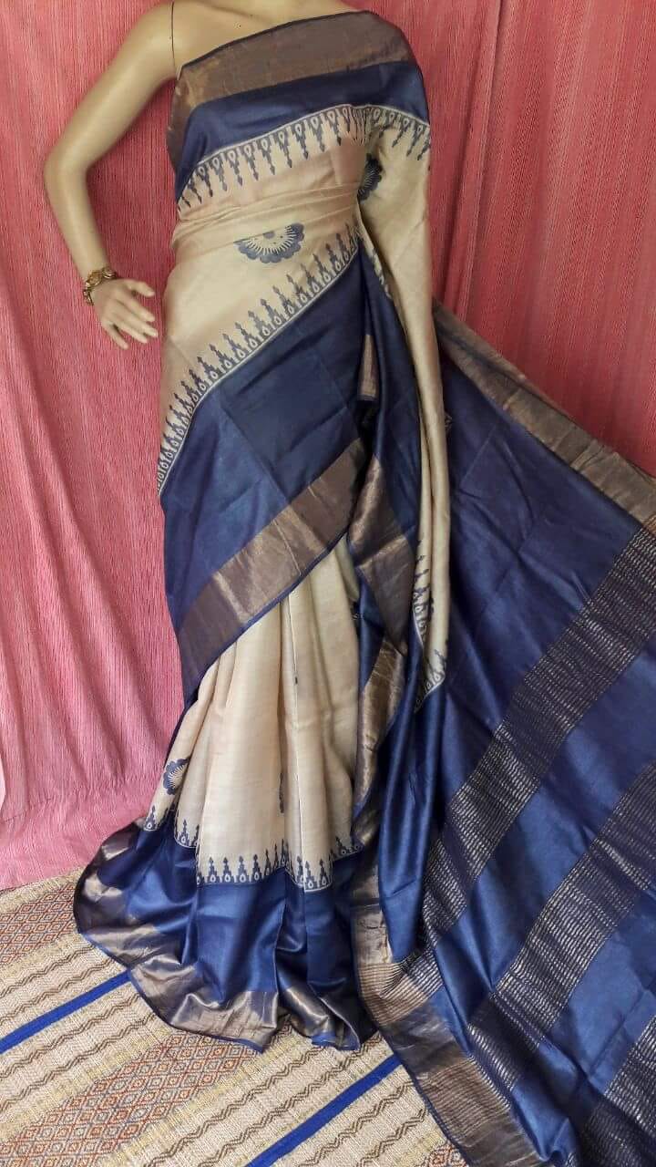 Beige Blue Block Printed Zari Border Pure Silk Mark Certified Tussar Silk Sarees - Dailybuyys
