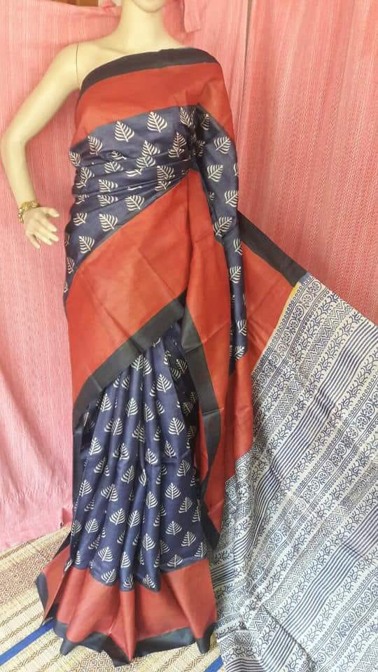 Grey Red Zari Block Printed Zari Border Pure Silk Mark Certified Tussar Silk Sarees - Dailybuyys