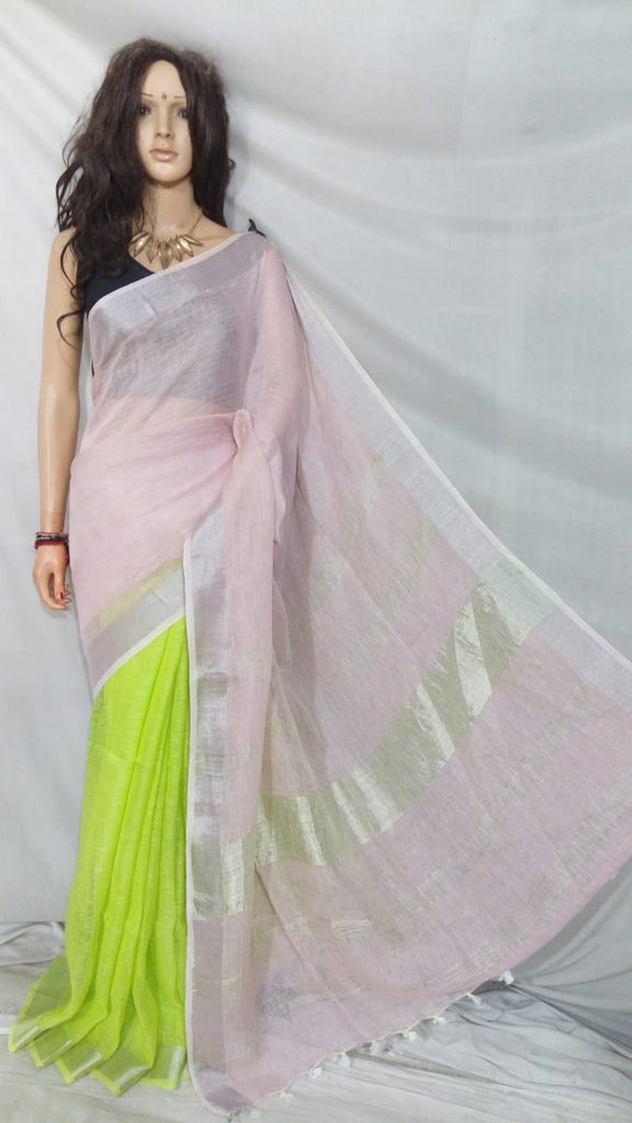 Pink Green 80 Count Pure Linen Sarees