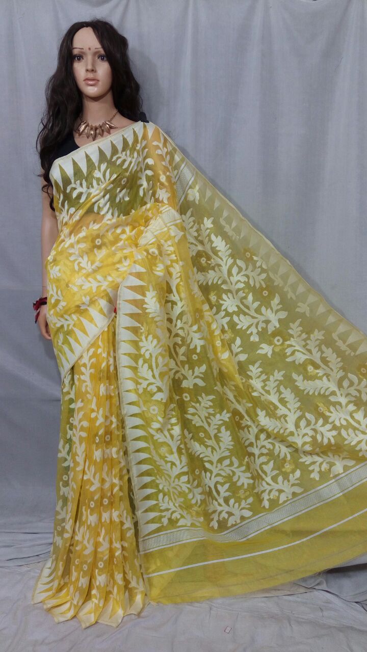 Yellow Beige Dhakai Jamdani Sarees - Dailybuyys