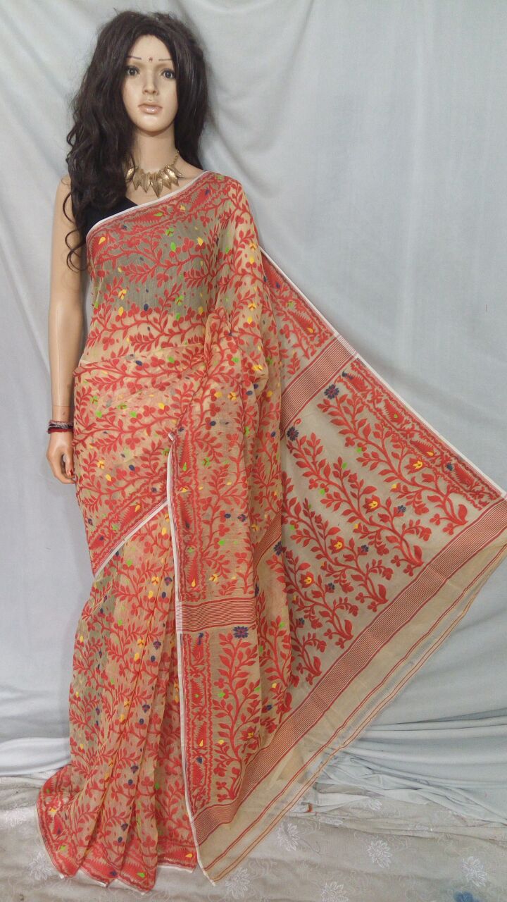 Red Beige Dhakai Jamdani Sarees - Dailybuyys