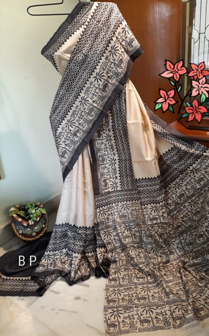 Grey Beige Zari KK Block Printed Zari Border Pure Silk Mark Certified Tussar Silk Sarees - Dailybuyys