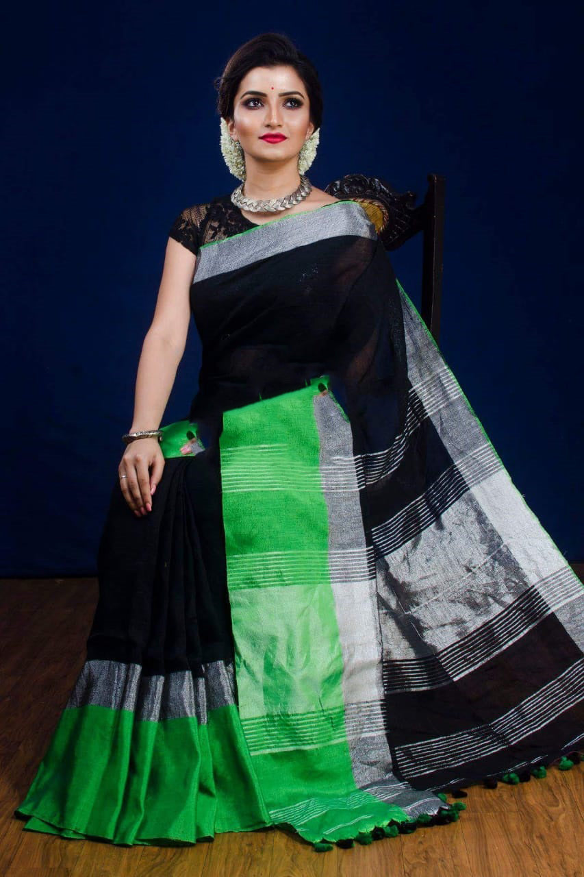 Black Green 100 Count Pure Linen Sarees - Dailybuyys