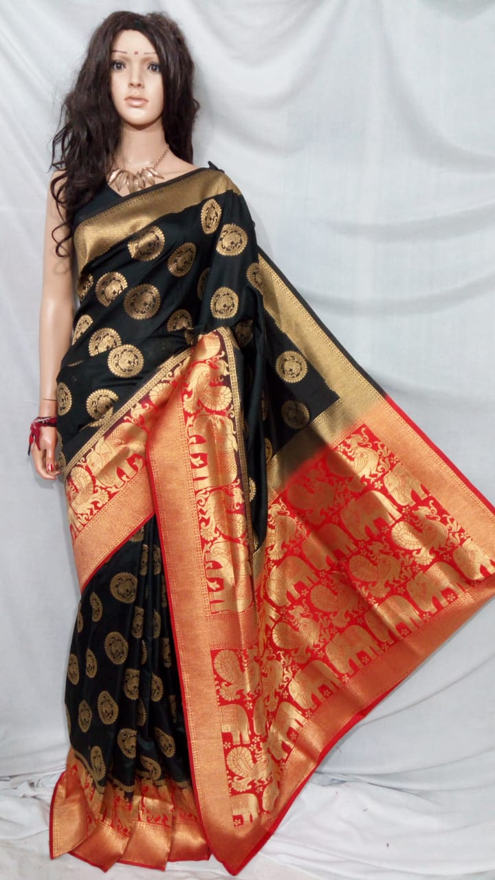 Black Red Pure Silk Sarees - Dailybuyys